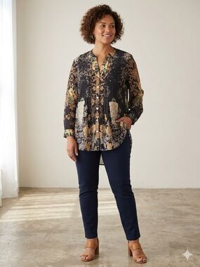 Soft Surroundings 1X Mixed Print Baroque Floral Pintuck Tunic Blouse Fall 2025